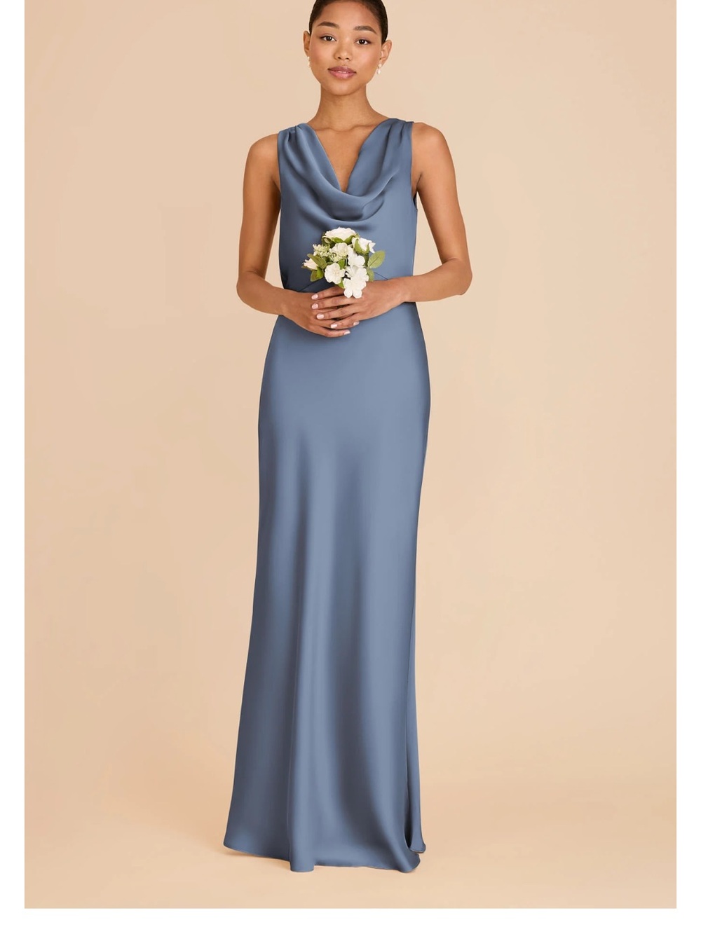 Birdy Grey Satin Cowl Maxi Gown in Dusty Blue